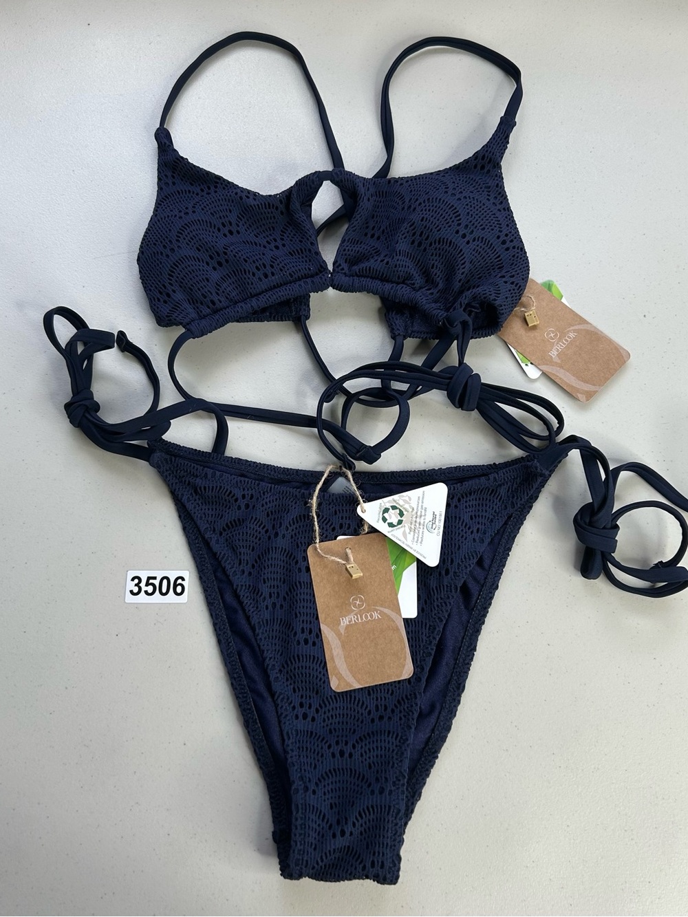 Berlook Bikini Set Blue Crochet Small Cut Out Crisscross Top Tie Bottom New
